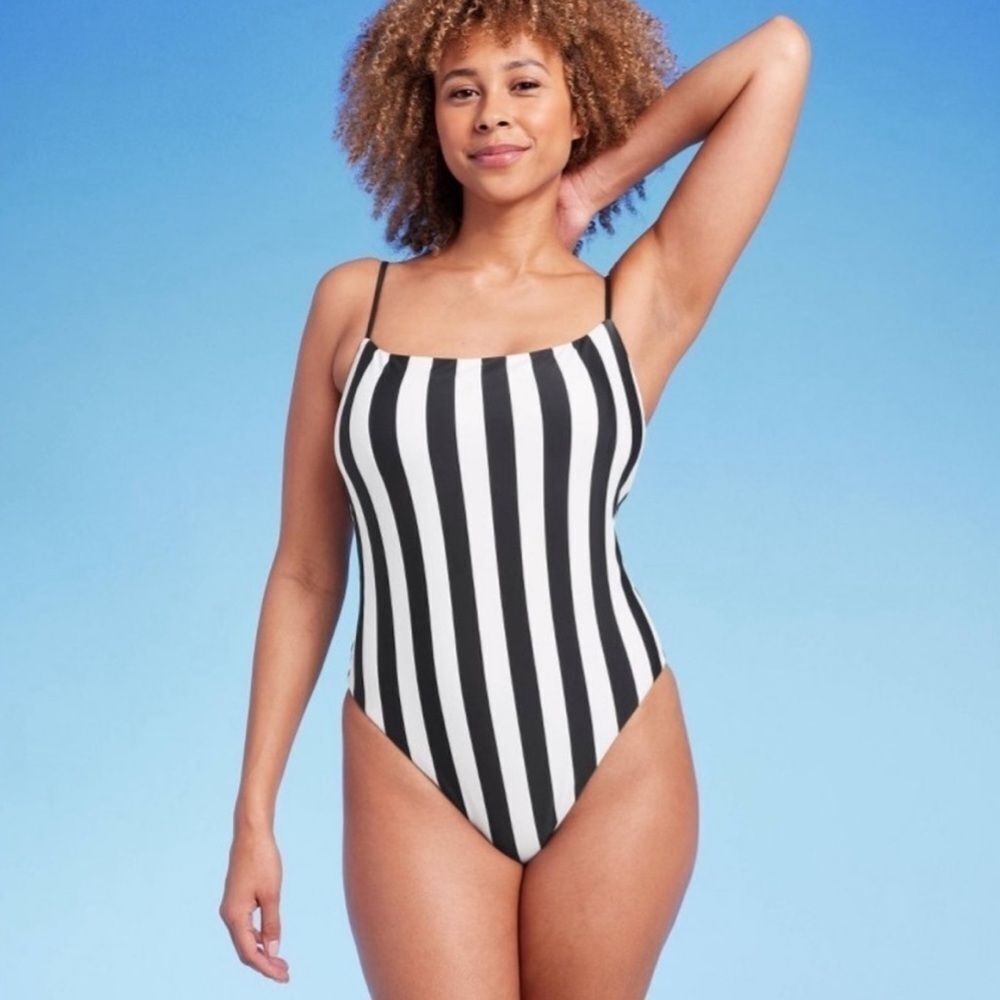 Shade & Shore vertical black/white stripe square neck swimsuit size large